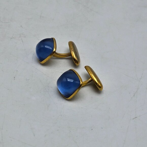 Vintage Art Deco Gold Tone Blue Lucite Dome Cabochon Cufflinks - Picture 2 of 4